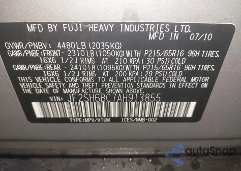 2010 Subaru Forester 2.5X z USA, uszkodzony, nr VIN JF2SH6BC7AH913855